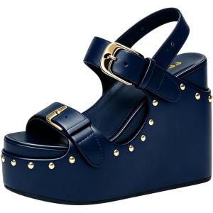image:imageFSJ Women Open Toe High Heel Wedges Adjustable Double Buckle Slingback Studded Platform Wedge Sandals Party Festival Shoes Size 416 USBlue