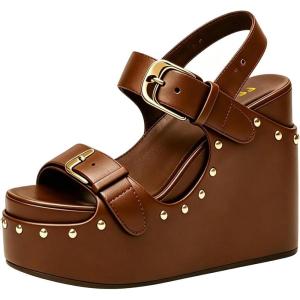 image:imageFSJ Women Open Toe High Heel Wedges Adjustable Double Buckle Slingback Studded Platform Wedge Sandals Party Festival Shoes Size 416 USBrown