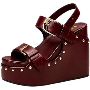 image:imageFSJ Women Open Toe High Heel Wedges Adjustable Double Buckle Slingback Studded Platform Wedge Sandals Party Festival Shoes Size 416 USDark Red