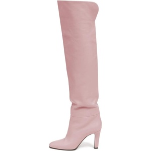 image:imageFSJ Women Over The Knee Boots Comfy Wrinkled Cutout High Chunky Heels Square Toe Fancy Pull On Office Shoe Size 415 USPink