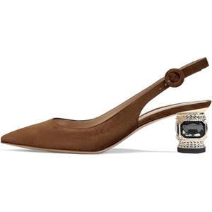 image:imageFSJ Womens Pointed Toe Slingback Rhinestone PumpsBrown Suede