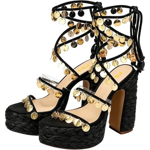 image:imageFSJ Women Open Toe Shell Beaded Strap Platform Espadrille Sandals Raffia Chunky Block Heel LaceUp Beach Vacation Shoes Size 416 USBlack