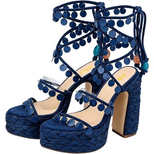 image:imageFSJ Women Open Toe Shell Beaded Strap Platform Espadrille Sandals Raffia Chunky Block Heel LaceUp Beach Vacation Shoes Size 416 USBlue