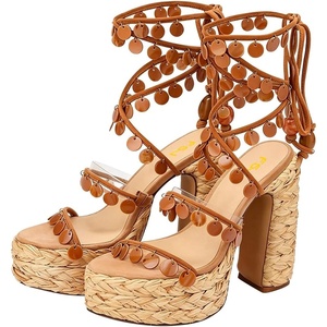 image:imageFSJ Women Open Toe Shell Beaded Strap Platform Espadrille Sandals Raffia Chunky Block Heel LaceUp Beach Vacation Shoes Size 416 USBrown
