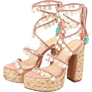 image:imageFSJ Women Open Toe Shell Beaded Strap Platform Espadrille Sandals Raffia Chunky Block Heel LaceUp Beach Vacation Shoes Size 416 USPink
