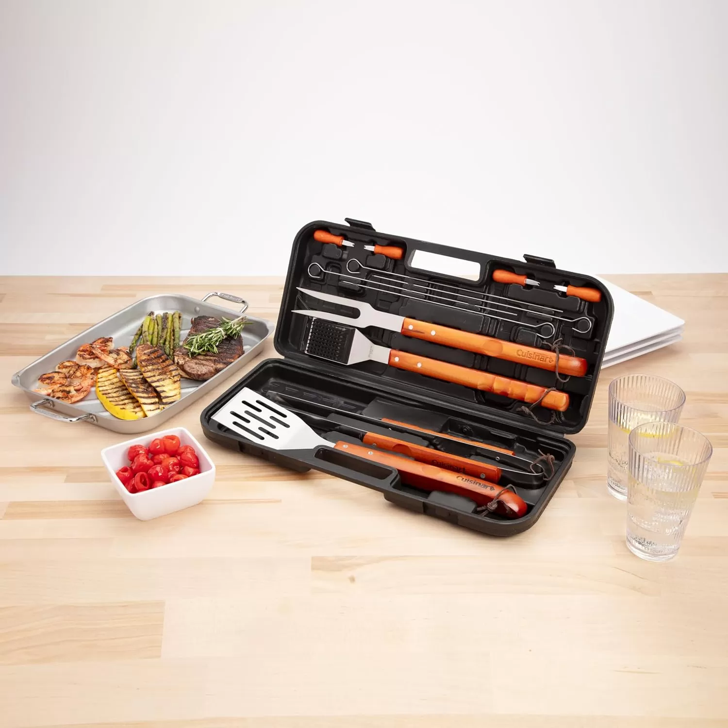 imageCuisinart 13Piece Wooden Grill Tool Set BBQ Accessories ampamp Grill Tools Durable StainlessSteel Utensils with Recycled Plastic Case Spatula Tongs Cleaning Brush ampamp More Grilling Gifts for Men Dad Outdoor Christmas GiftsWooden Handle Tool Set  13Piece