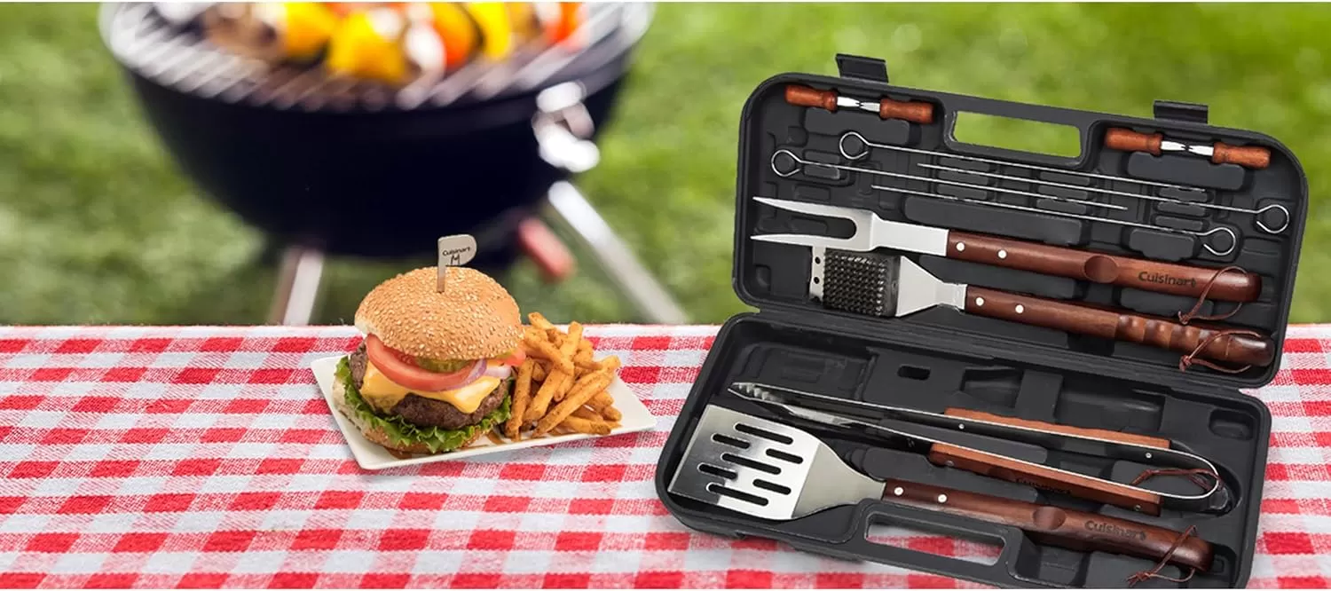 imageCuisinart 13Piece Wooden Grill Tool Set BBQ Accessories ampamp Grill Tools Durable StainlessSteel Utensils with Recycled Plastic Case Spatula Tongs Cleaning Brush ampamp More Grilling Gifts for Men Dad Outdoor Christmas GiftsWooden Handle Tool Set  13Piece