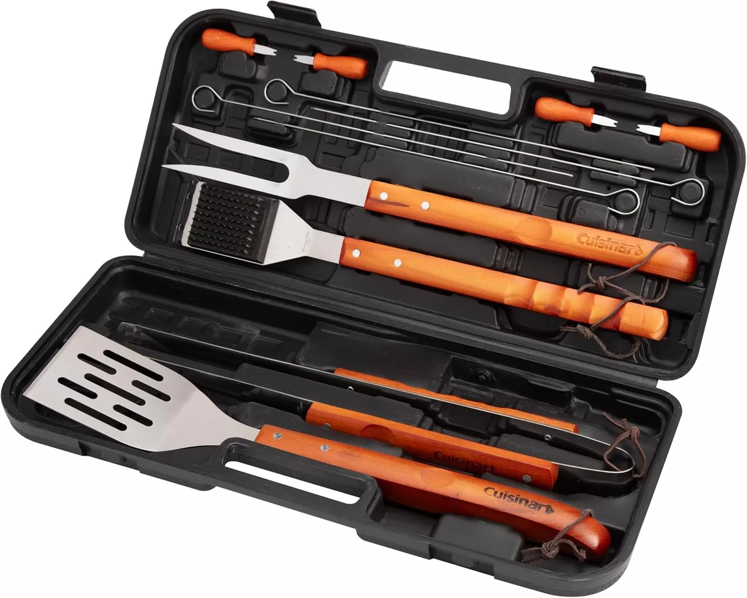 imageCuisinart 13Piece Wooden Grill Tool Set BBQ Accessories ampamp Grill Tools Durable StainlessSteel Utensils with Recycled Plastic Case Spatula Tongs Cleaning Brush ampamp More Grilling Gifts for Men Dad Outdoor Christmas GiftsWooden Handle Tool Set  13Piece