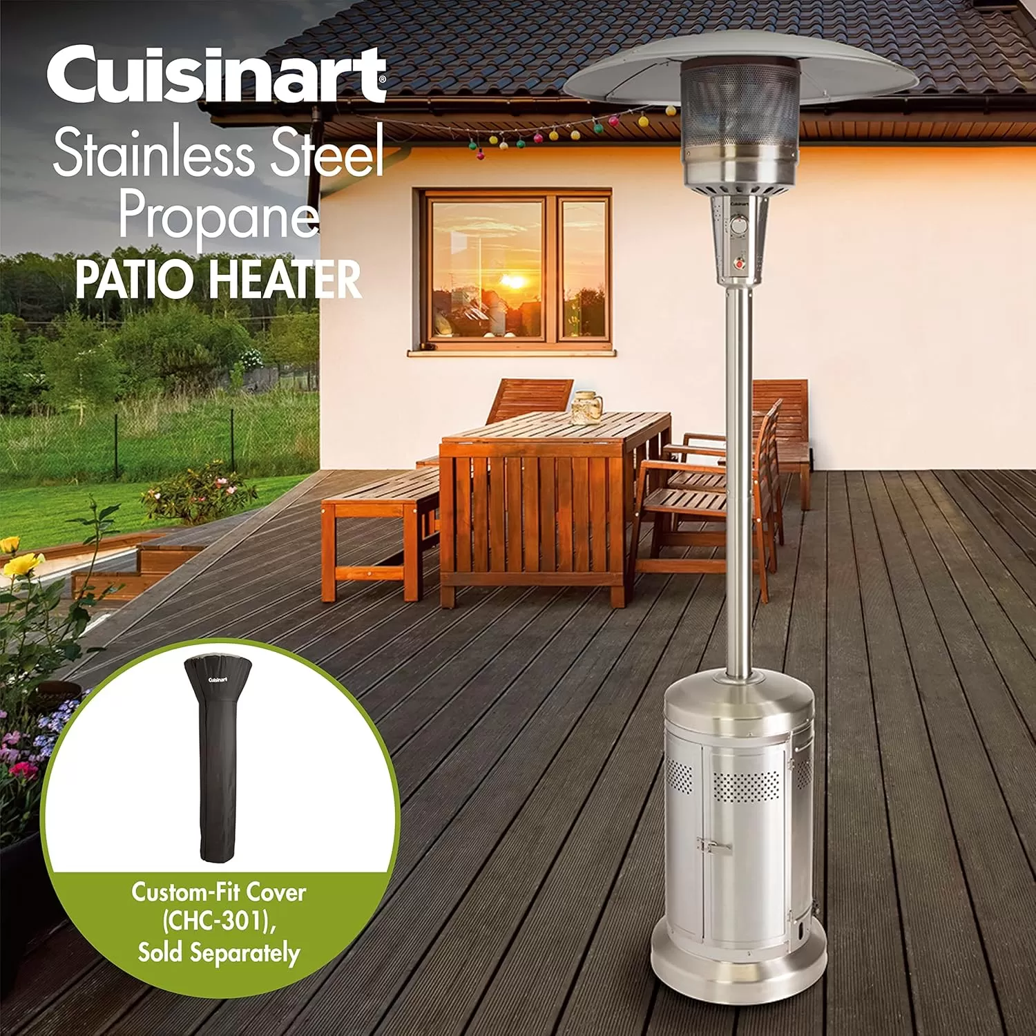 imageCuisinart COH300 Propane Push Start Ignition 47000 BTU Burner Heats up to 200 sq ft 32quot L x 85quot H Stainless Steel Outdoor Patio HeaterStainless Steel Outdoor Patio Heater