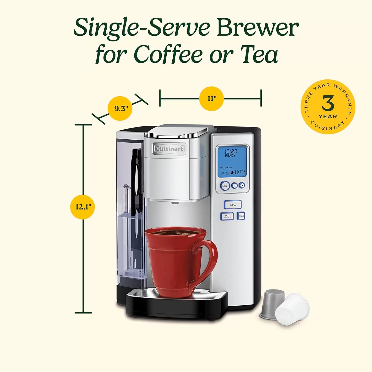 imageCuisinart Coffee Maker Single Serve 72Ounce Reservoir Coffee Machine Programmable Brewing ampamp Hot Water Dispenser Stainless Steel SS10P1SilverSilver