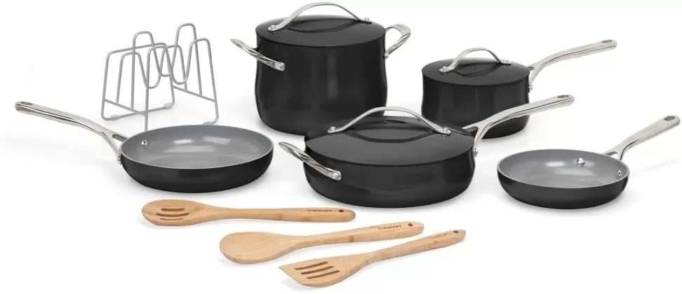 imageCuisinart Culinary Collection 12Piece Pots and Pans Set PURELYCERAMIC Nonstick TealBlack