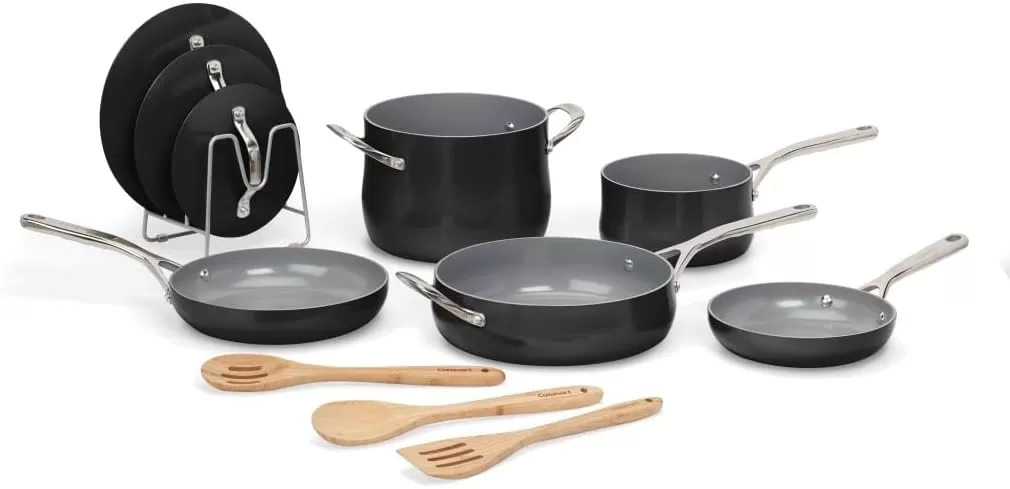 imageCuisinart Culinary Collection 12Piece Pots and Pans Set PURELYCERAMIC Nonstick TealBlack
