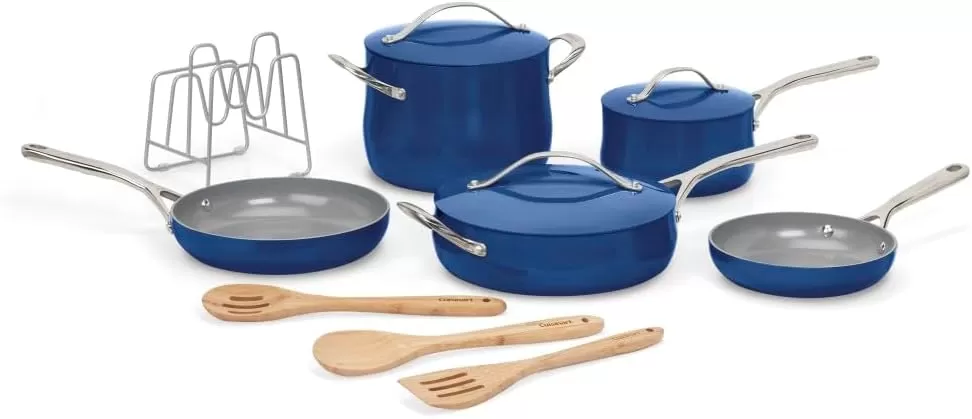 imageCuisinart Culinary Collection 12Piece Pots and Pans Set PURELYCERAMIC Nonstick TealSapphire