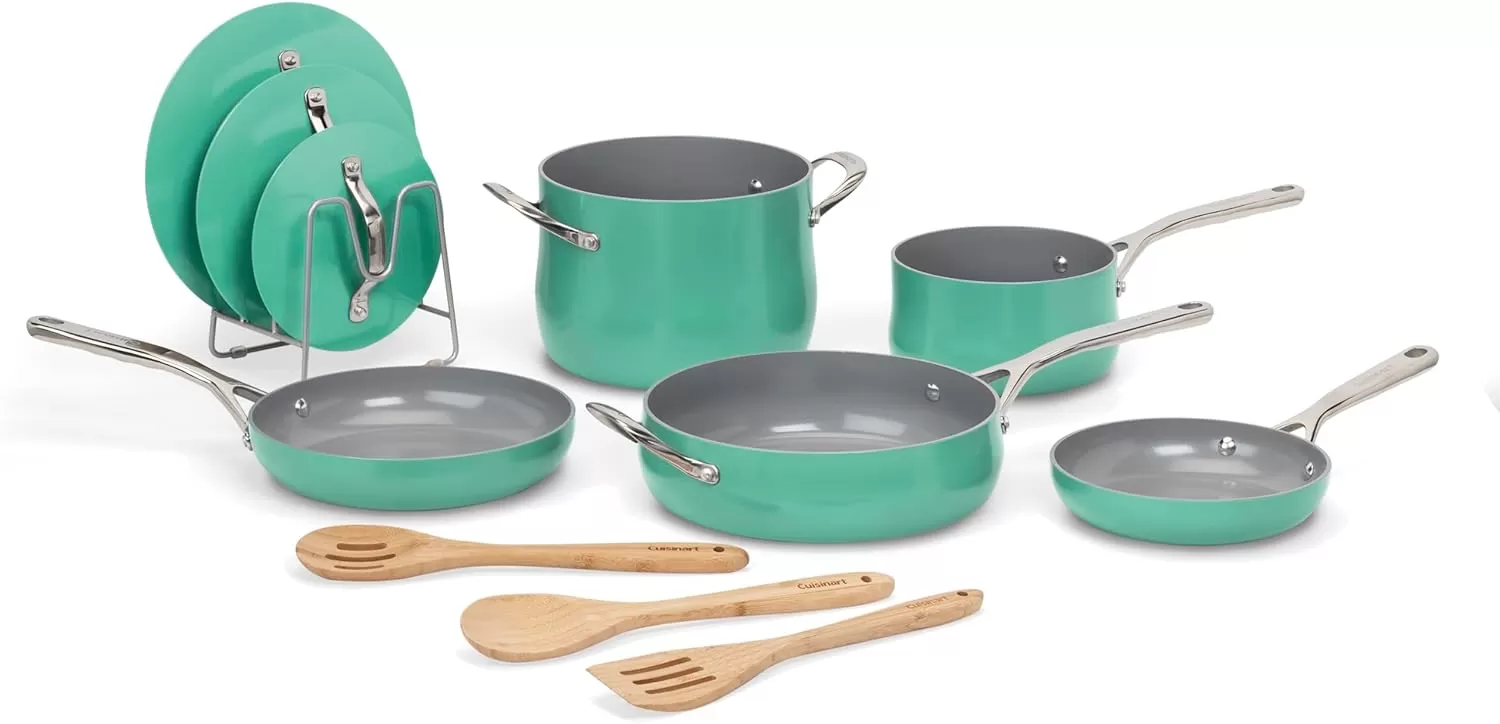 imageCuisinart Culinary Collection 12Piece Pots and Pans Set PURELYCERAMIC Nonstick TealTeal