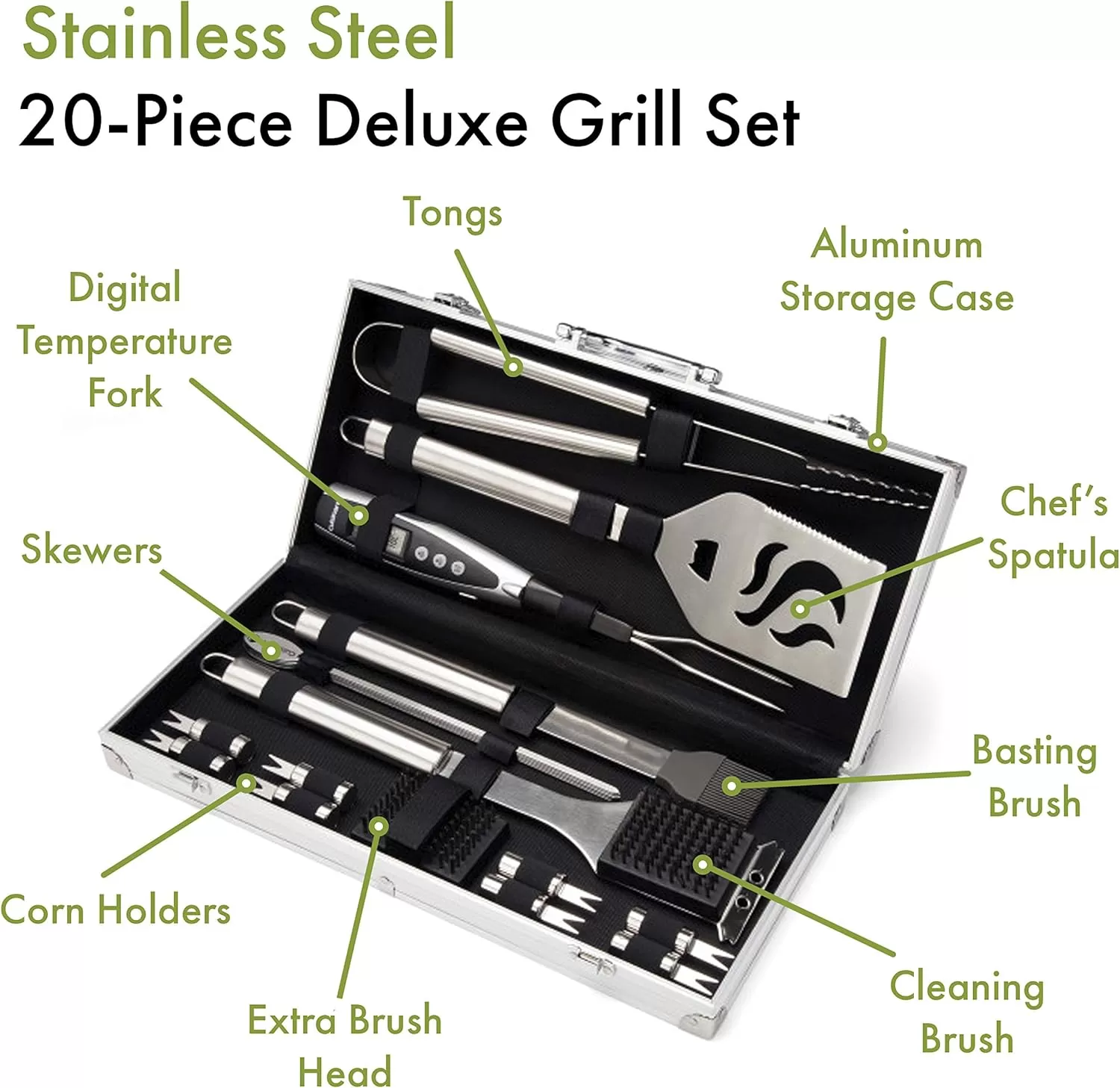 imageCuisinart Deluxe Grill Tool Set 20Piece BBQ Kit with Aluminum Case ampamp Digital Temperature Fork Spatula Tongs Grill Accessories ampamp Utensils Grilling Set for CookoutDeluxe Grill Set  20Piece