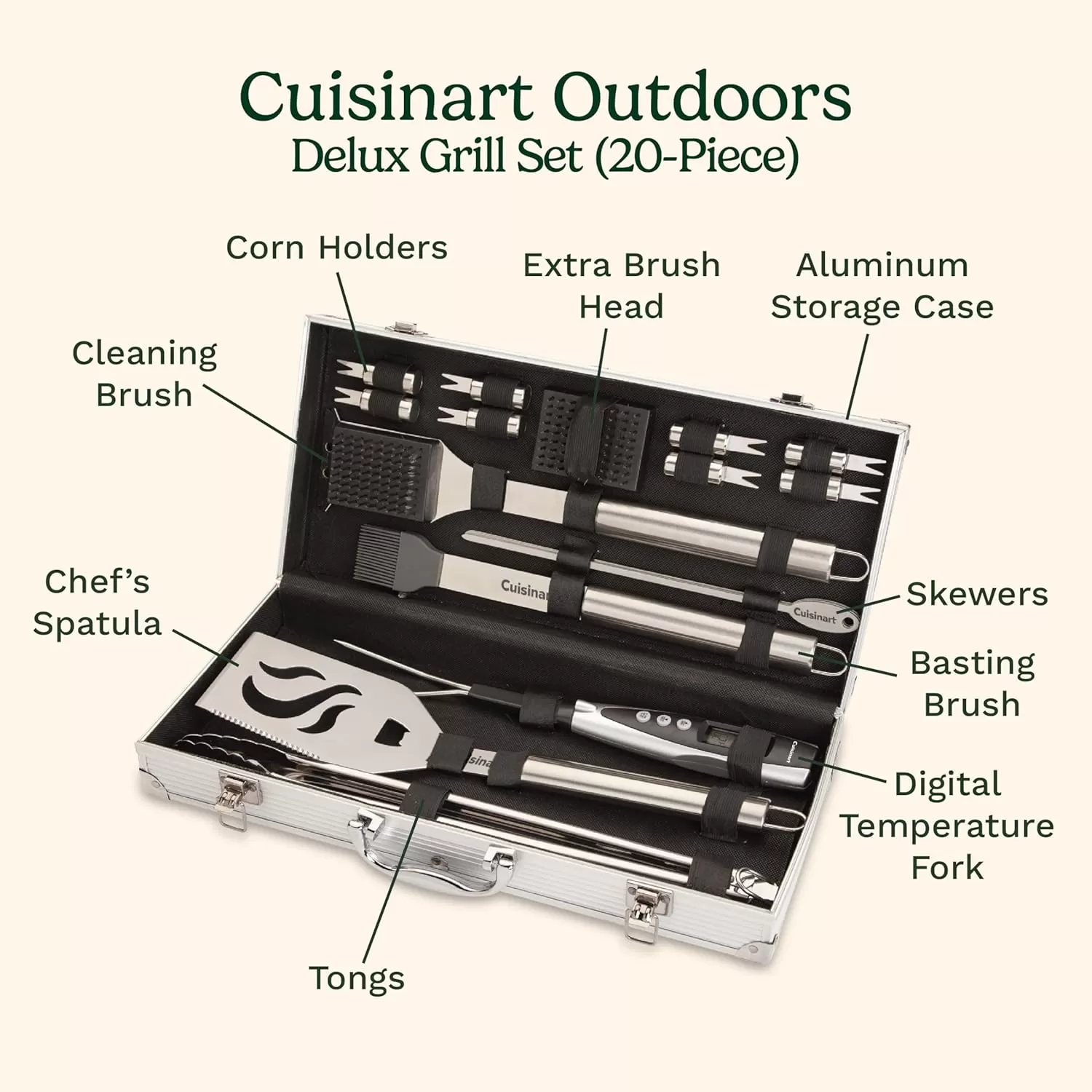 imageCuisinart Deluxe Grill Tool Set 20Piece BBQ Kit with Aluminum Case ampamp Digital Temperature Fork Spatula Tongs Grill Accessories ampamp Utensils Grilling Set for CookoutDeluxe Grill Set  20Piece