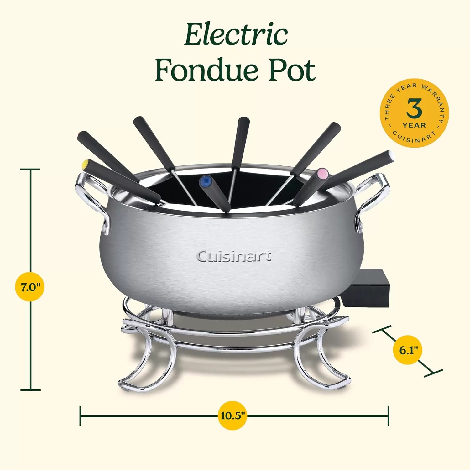 imageCuisinart Fondue Pot 3 Quart For Chocolate Cheese Broth Oil Stainless Steel CFO3SSP1Pot