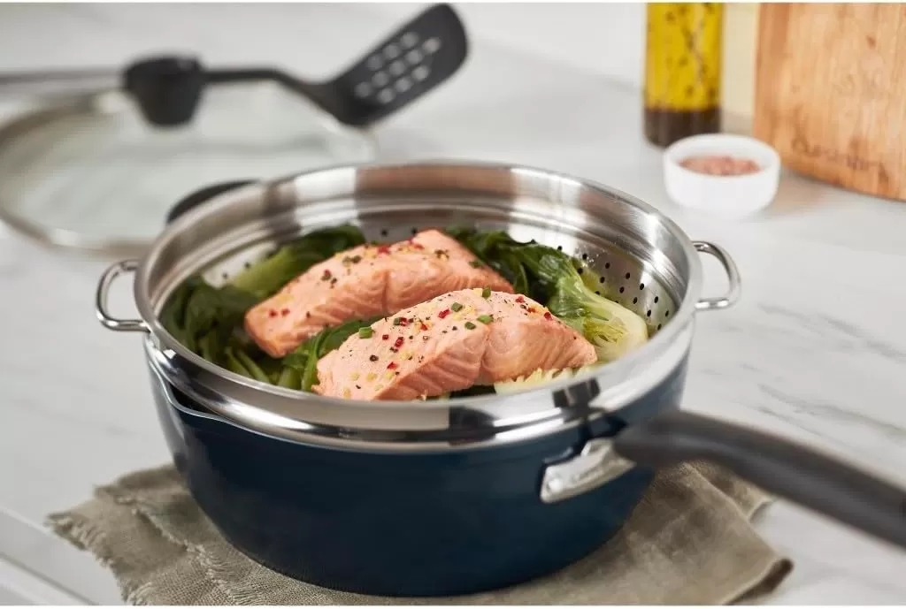 imageCuisinart Preferred Pan 4Pc Set  Nouveau Navy 45 Qt MultiPurpose Pan wCover Steamer Slotted TurnerNouveau Navy