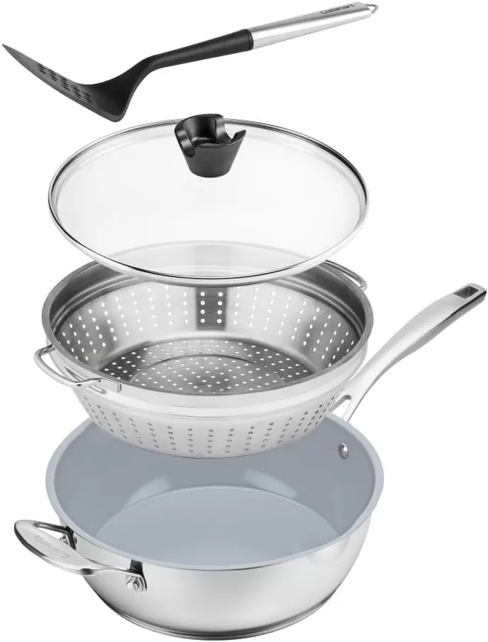 imageCuisinart Preferred Pan 4Pc Set  Nouveau Navy 45 Qt MultiPurpose Pan wCover Steamer Slotted TurnerStainless Steel