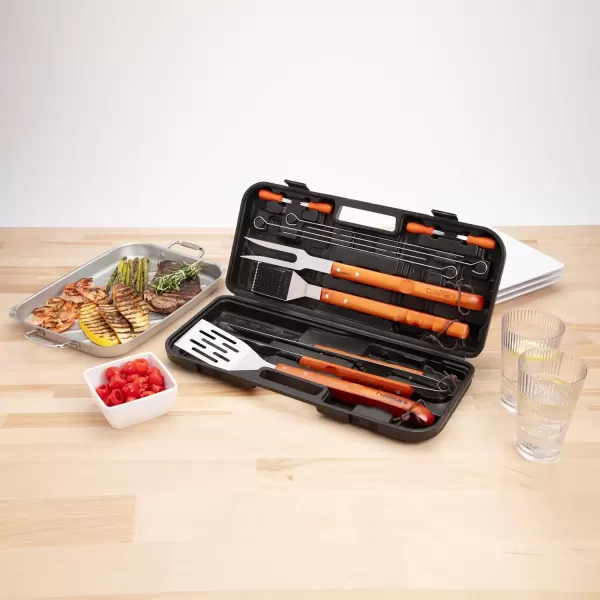 imageCuisinart 13Piece Wooden Grill Tool Set BBQ Accessories ampamp Grill Tools Durable StainlessSteel Utensils with Recycled Plastic Case Spatula Tongs Cleaning Brush ampamp More Grilling Gifts for Men Dad Outdoor Christmas GiftsWooden Handle Tool Set  13Piece