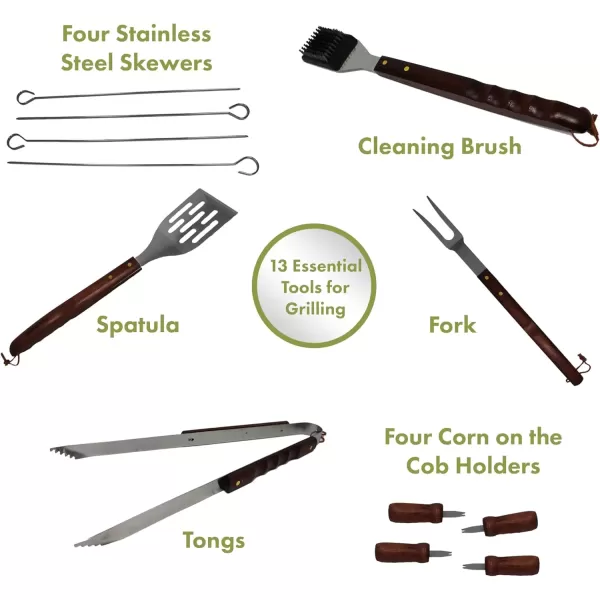 imageCuisinart 13Piece Wooden Grill Tool Set BBQ Accessories ampamp Grill Tools Durable StainlessSteel Utensils with Recycled Plastic Case Spatula Tongs Cleaning Brush ampamp More Grilling Gifts for Men Dad Outdoor Christmas GiftsWooden Handle Tool Set  13Piece