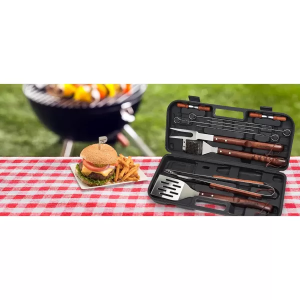 imageCuisinart 13Piece Wooden Grill Tool Set BBQ Accessories ampamp Grill Tools Durable StainlessSteel Utensils with Recycled Plastic Case Spatula Tongs Cleaning Brush ampamp More Grilling Gifts for Men Dad Outdoor Christmas GiftsWooden Handle Tool Set  13Piece