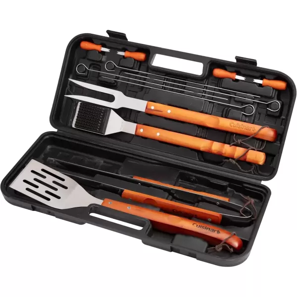 imageCuisinart 13Piece Wooden Grill Tool Set BBQ Accessories ampamp Grill Tools Durable StainlessSteel Utensils with Recycled Plastic Case Spatula Tongs Cleaning Brush ampamp More Grilling Gifts for Men Dad Outdoor Christmas GiftsWooden Handle Tool Set  13Piece