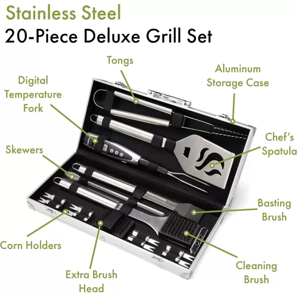 imageCuisinart Deluxe Grill Tool Set 20Piece BBQ Kit with Aluminum Case ampamp Digital Temperature Fork Spatula Tongs Grill Accessories ampamp Utensils Grilling Set for CookoutDeluxe Grill Set  20Piece