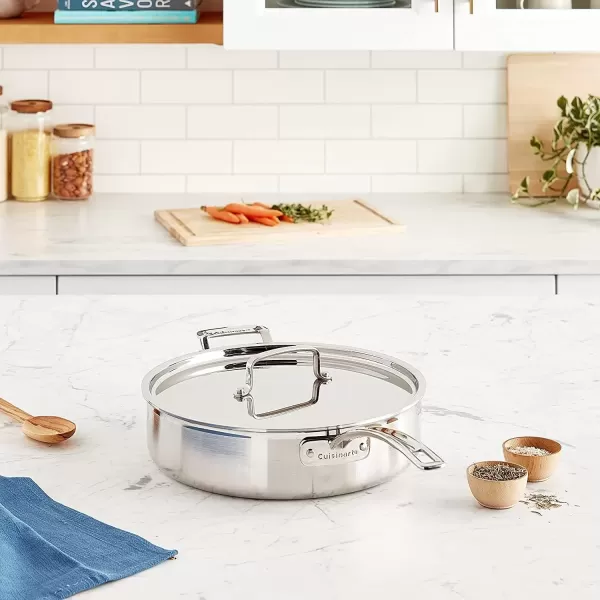 imageCuisinart MCP3330HN MultiClad Pro Triple Ply 55Quart Saute Skillet Saut Pan wHelper ampamp CoverSaut Pan wHelper  Cover
