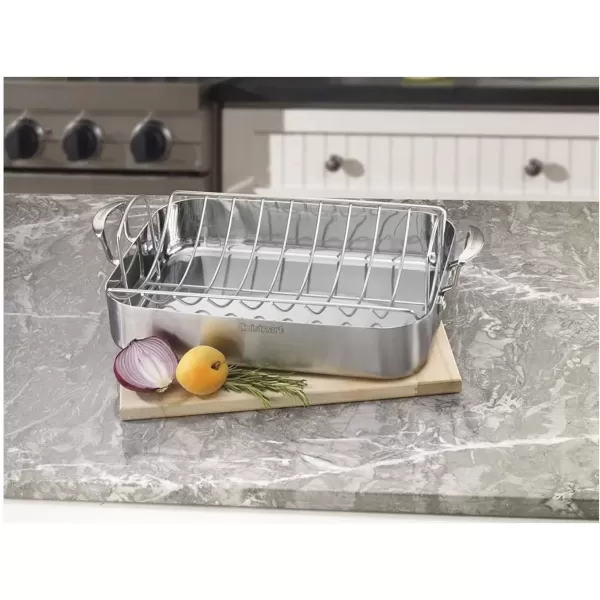 imageCuisinart Multiclad Pro Triple Ply Stainless Cookware 16inch Roasting Pan Skillet Rectangular Roaster wRackRectangular Roaster wRack