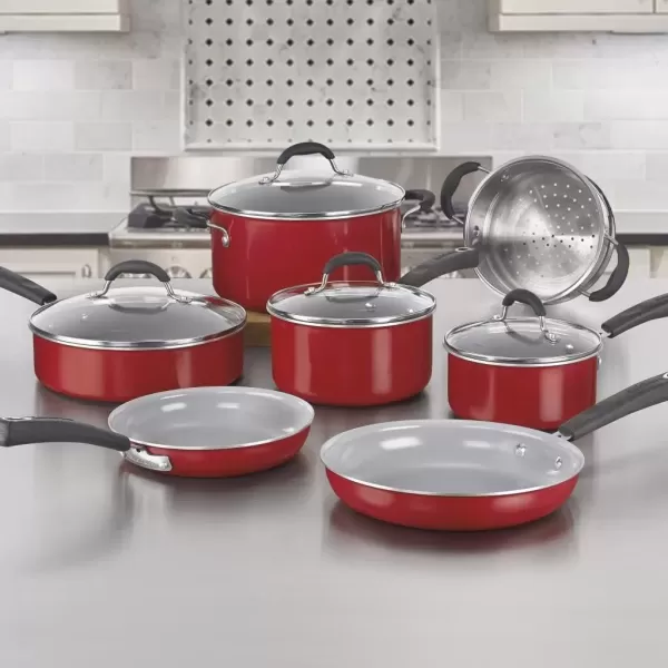 imageCuisinart 11Piece Nonstick Cookware Set Ceramica XT Black 73330HRed wGrey Interior
