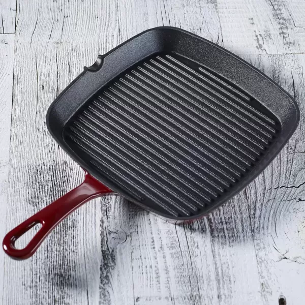 imageCuisinart CI3023CR Chefs Classic Enameled Cast Iron 914Inch Square Grill Pan Cardinal Red