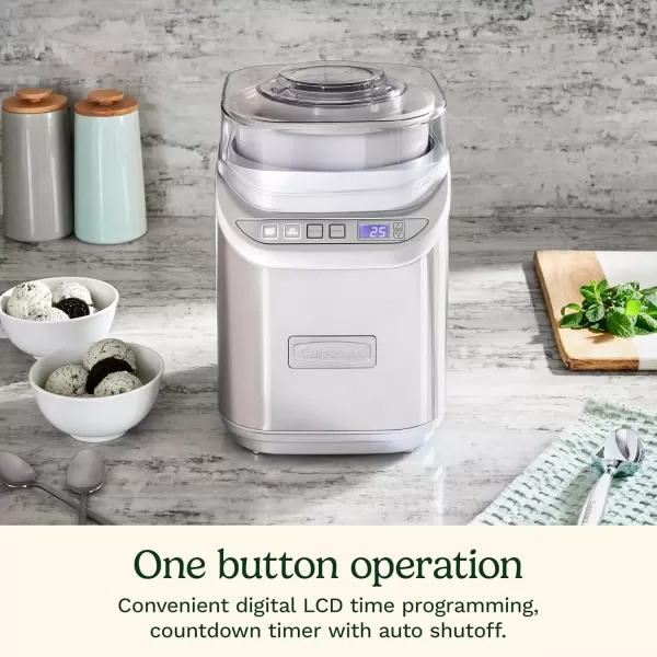imageCuisinart ICE60WP1 2Quart Cool Creations Ice Cream Frozen Yogurt Gelato and Sorbet Maker LCD Screen with Countdown Timer Makes Frozen Treats in 20Minutes or Less Stainless SteelWhiteIce Cream Maker with Countdown Timer