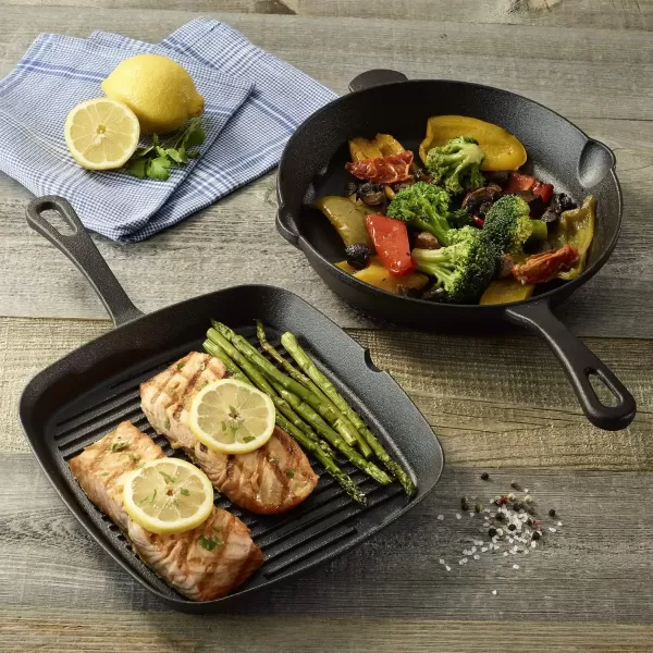 imageCuisinart PreSeasoned Cast Iron 925quot Square Grill and 10quot Round Fry Pan 2 Pack Black
