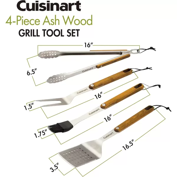 imageCuisinart CGS1100 Spatula Locking Tongs Fork Basting Brush 4Piece Grill Tool Set Ash Wood Handle