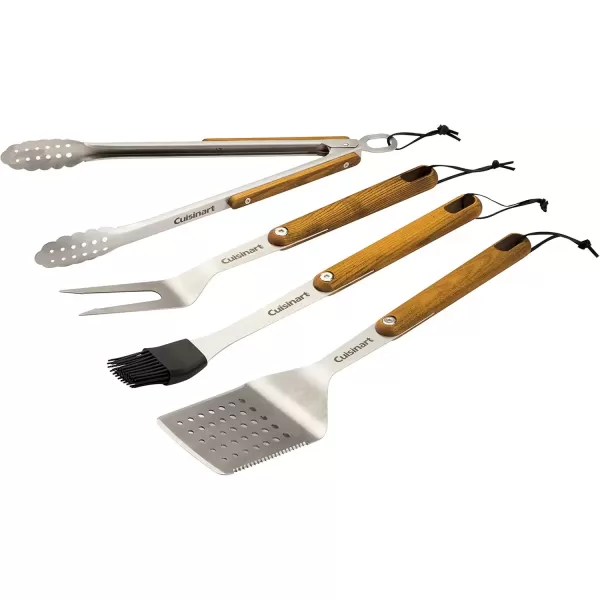 imageCuisinart CGS1100 Spatula Locking Tongs Fork Basting Brush 4Piece Grill Tool Set Ash Wood Handle