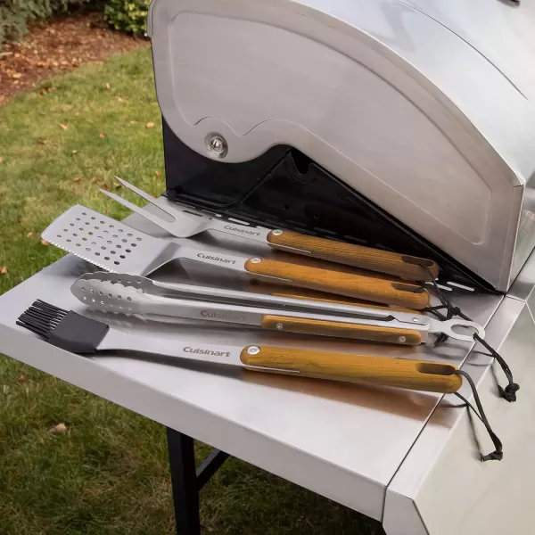 imageCuisinart CGS1100 Spatula Locking Tongs Fork Basting Brush 4Piece Grill Tool Set Ash Wood Handle