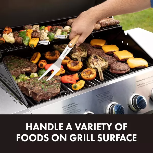 imageCuisinart CGS1100 Spatula Locking Tongs Fork Basting Brush 4Piece Grill Tool Set Ash Wood Handle