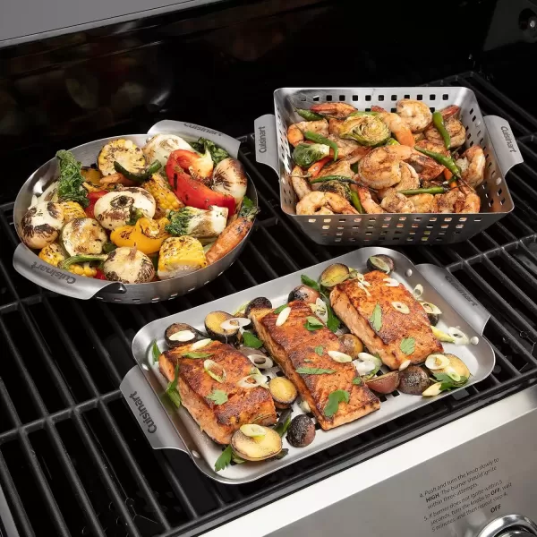 imageCuisinart CGT1103 3Piece Stainless Steel Grill Topper Cookware Set Rectangular Wok ampamp Round Toppers3 Piece Stainless Steel Topper Set Rectangular  Wok   Round Toppers