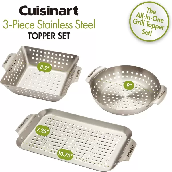 imageCuisinart CGT1103 3Piece Stainless Steel Grill Topper Cookware Set Rectangular Wok ampamp Round Toppers3 Piece Stainless Steel Topper Set Rectangular  Wok   Round Toppers