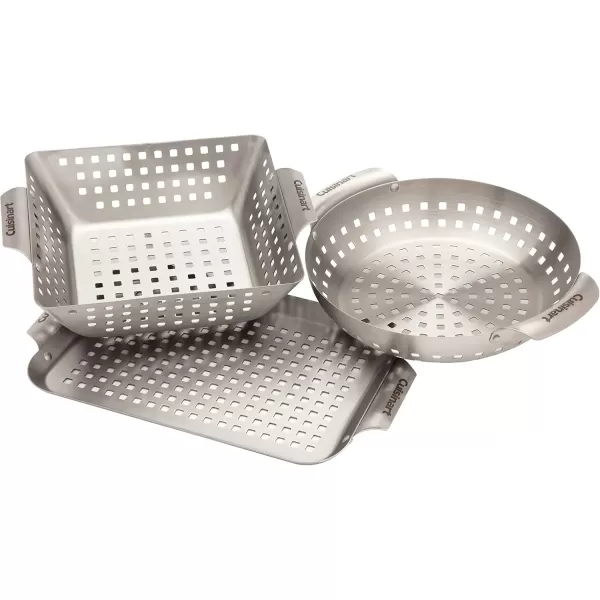 imageCuisinart CGT1103 3Piece Stainless Steel Grill Topper Cookware Set Rectangular Wok ampamp Round Toppers3 Piece Stainless Steel Topper Set Rectangular  Wok   Round Toppers