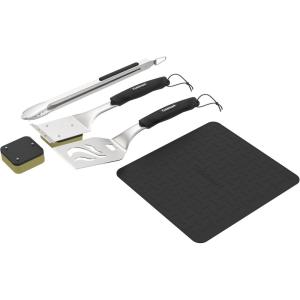imageCuisinart 5Piece Stainless Steel Grill Tool Set Bristle Free Grill Brush Stainless Steel Locking Tongs Spatula and Silicone Mat Durable BBQ Tools for Outdoor Cooking