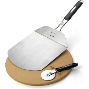 image:imageCuisinart 3 Piece Pizza Grilling Pack 13 Round Pizza Stone for Grill with Cutter and Foldable Stainless Steel Peel Complete Set to Build Your Own Pizzas at Home