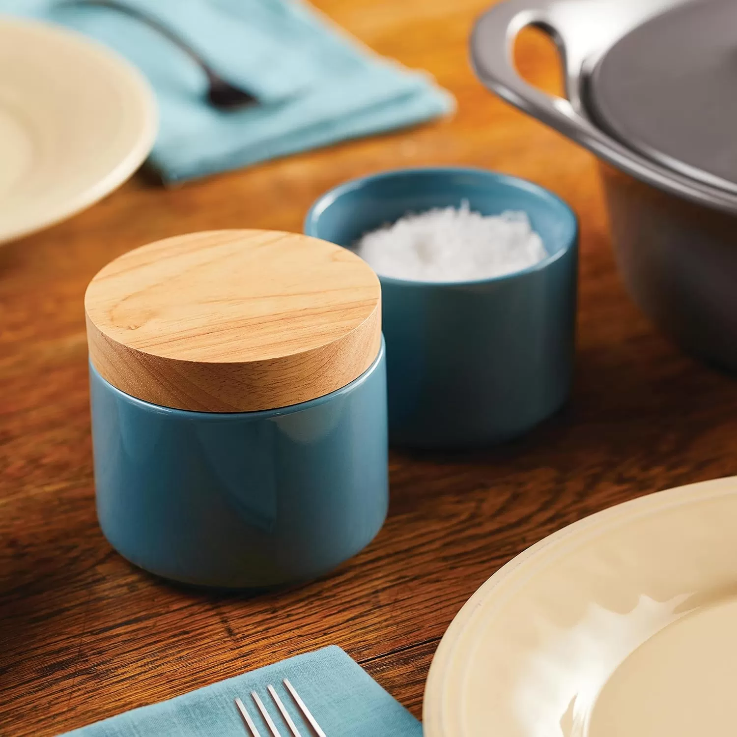 imageRachael Ray Ceramics Stacking SpiceSeasoning Box Set with Lid 2 Piece Light GrayAgave Blue