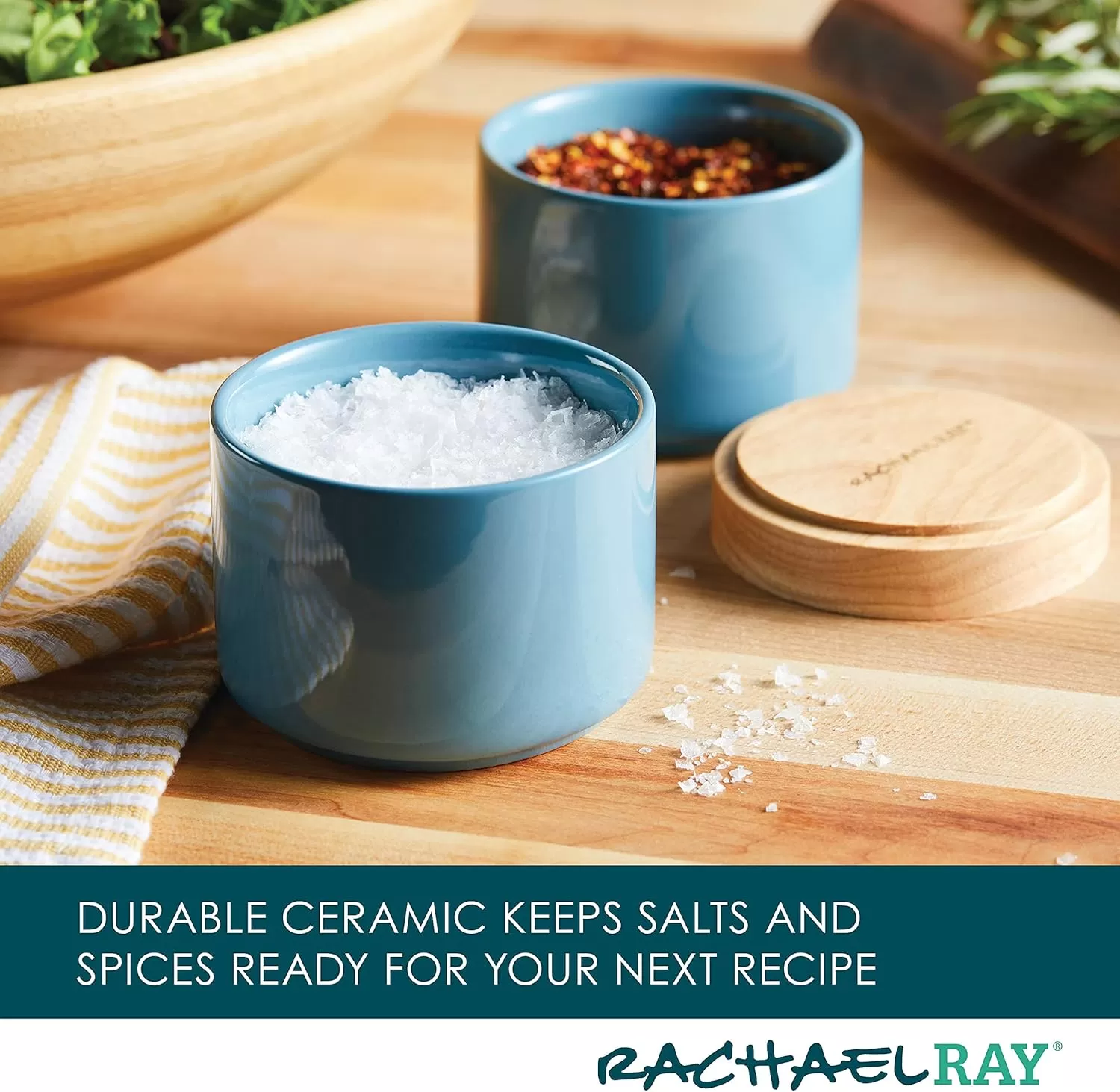 imageRachael Ray Ceramics Stacking SpiceSeasoning Box Set with Lid 2 Piece Light GrayAgave Blue