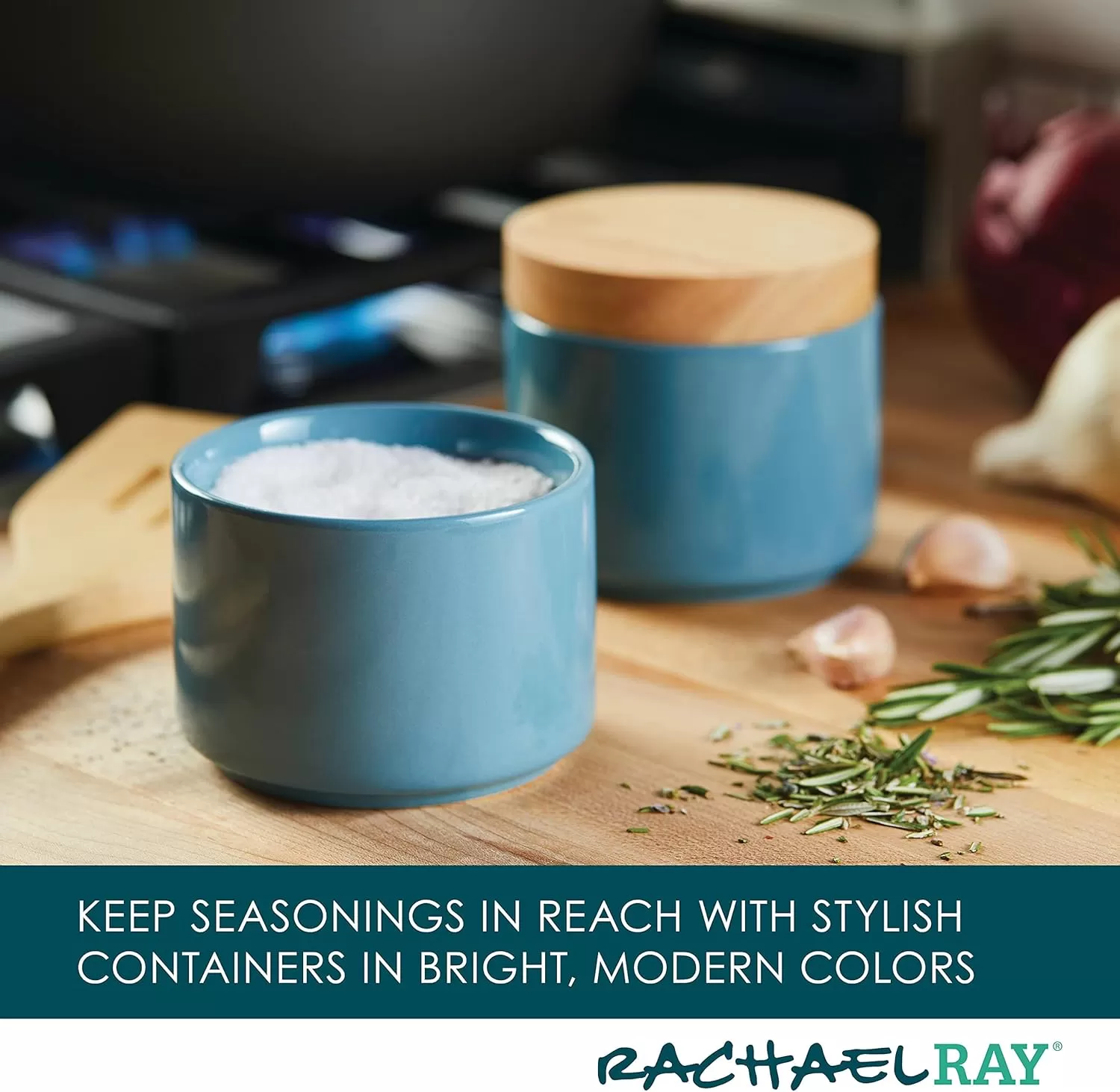 imageRachael Ray Ceramics Stacking SpiceSeasoning Box Set with Lid 2 Piece Light GrayAgave Blue