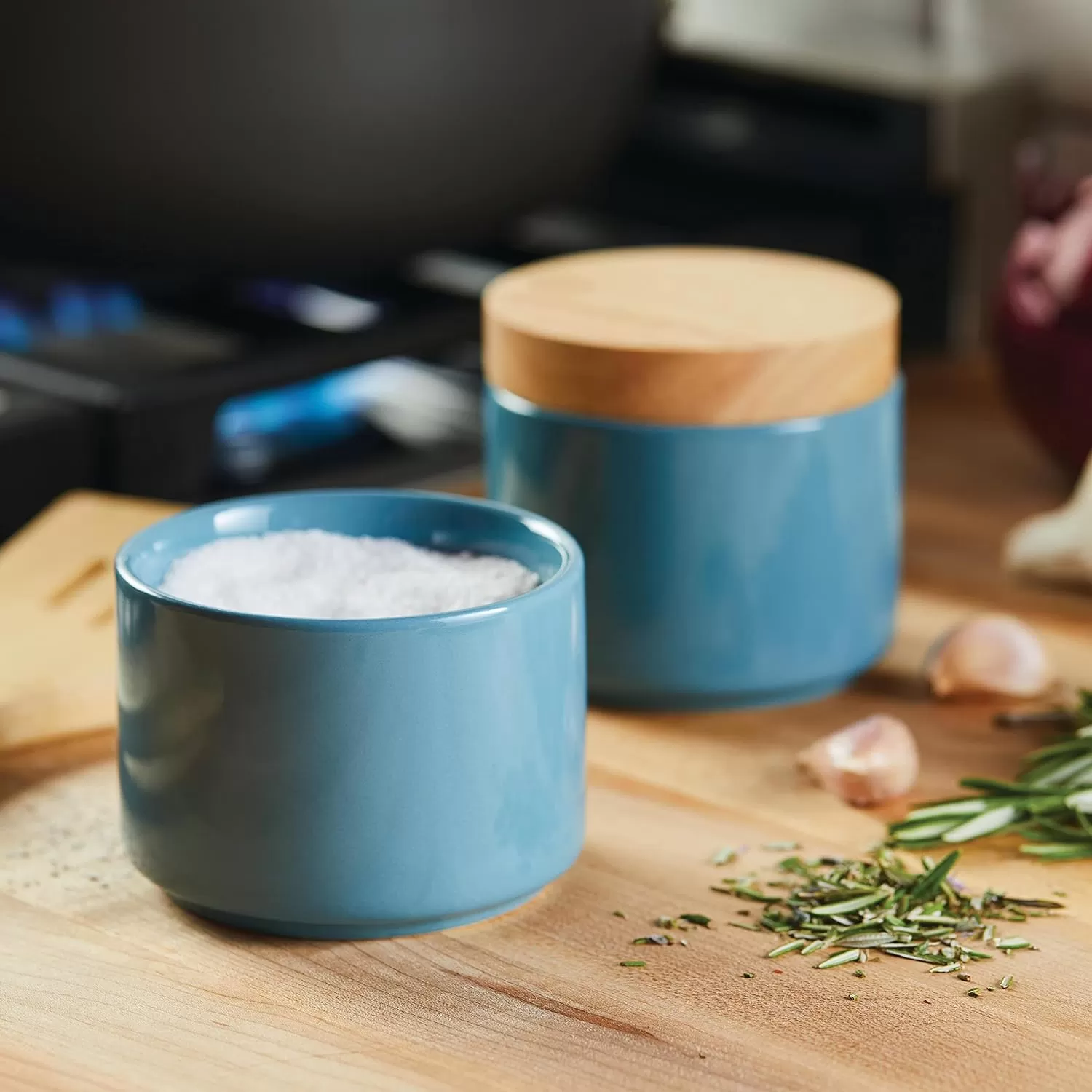 imageRachael Ray Ceramics Stacking SpiceSeasoning Box Set with Lid 2 Piece Light GrayAgave Blue