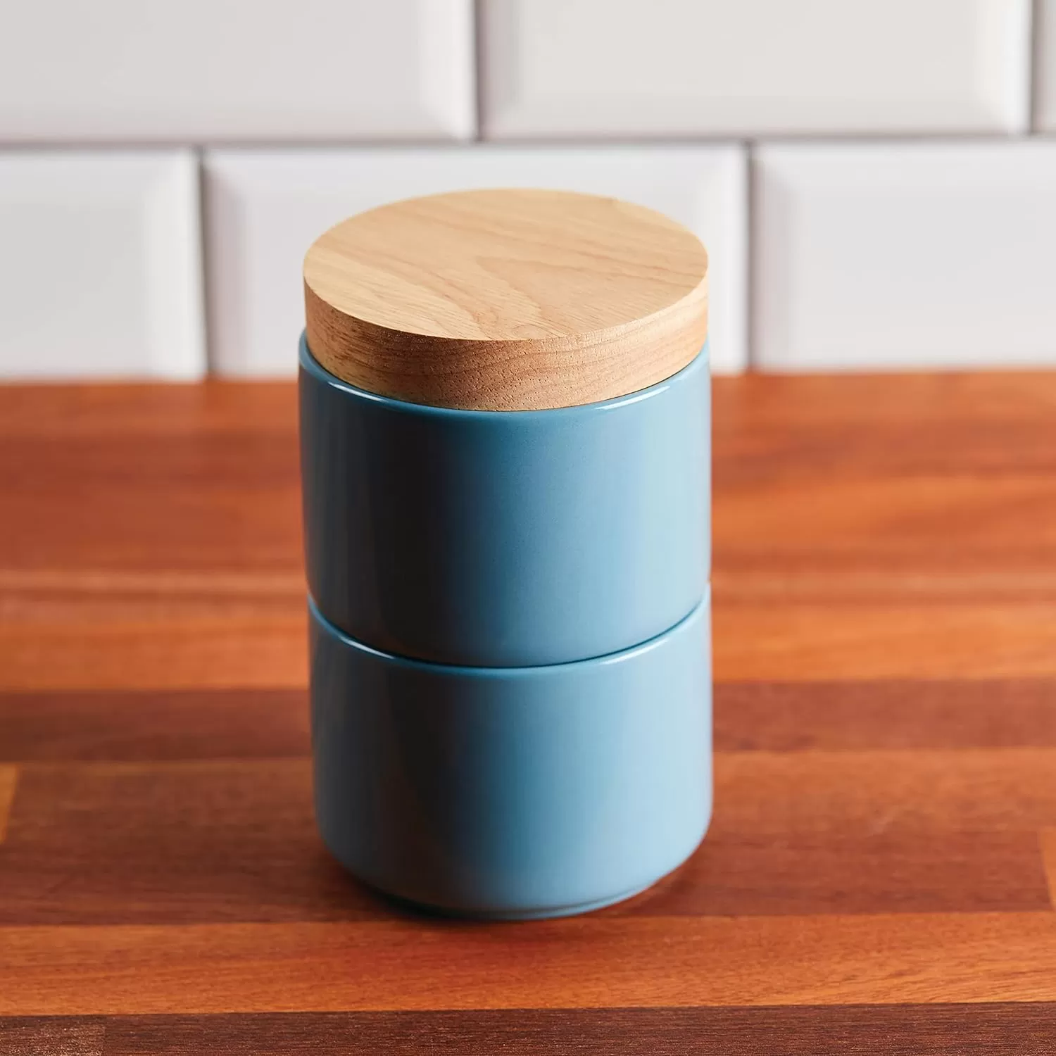 imageRachael Ray Ceramics Stacking SpiceSeasoning Box Set with Lid 2 Piece Light GrayAgave Blue