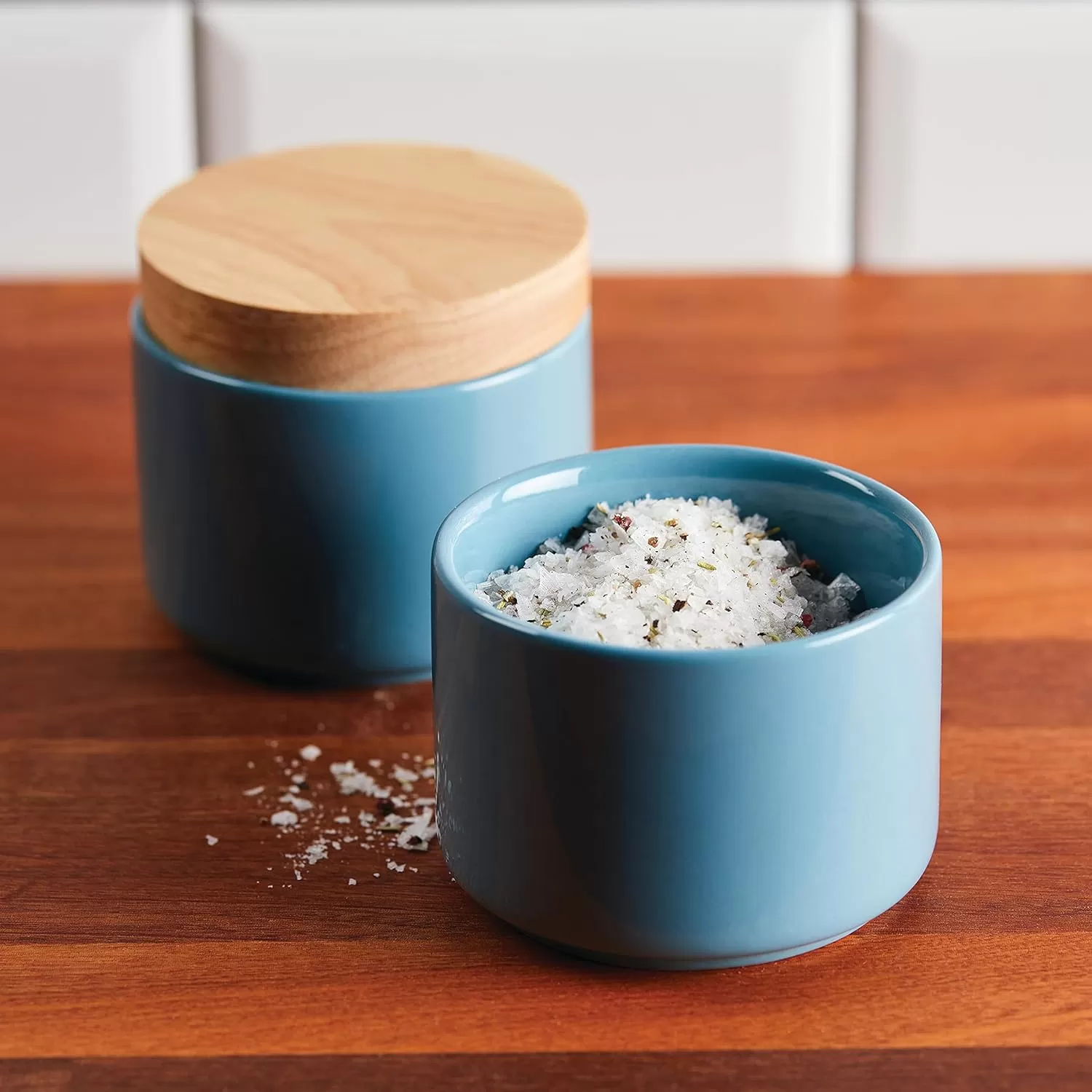imageRachael Ray Ceramics Stacking SpiceSeasoning Box Set with Lid 2 Piece Light GrayAgave Blue