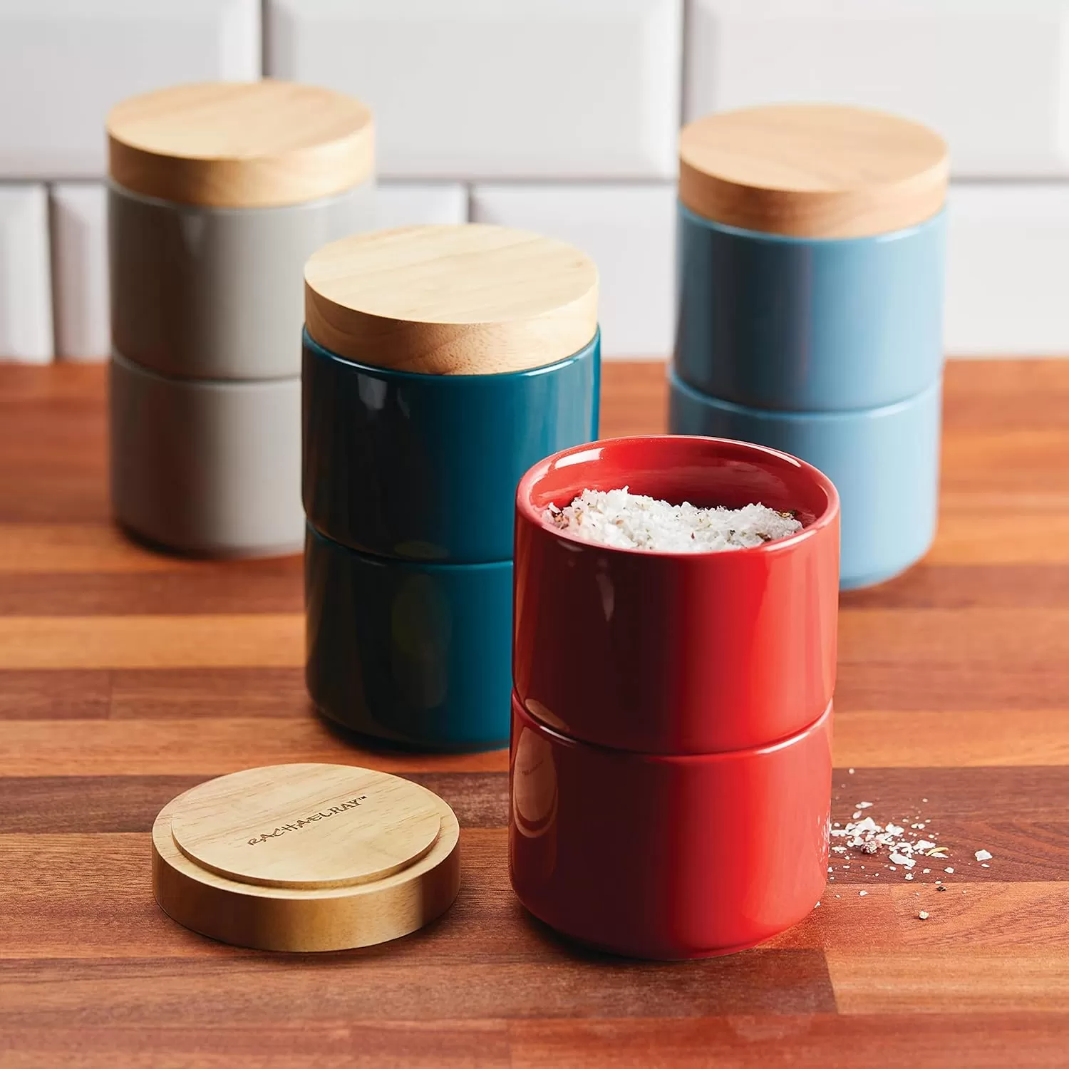 imageRachael Ray Ceramics Stacking SpiceSeasoning Box Set with Lid 2 Piece Light GrayRed